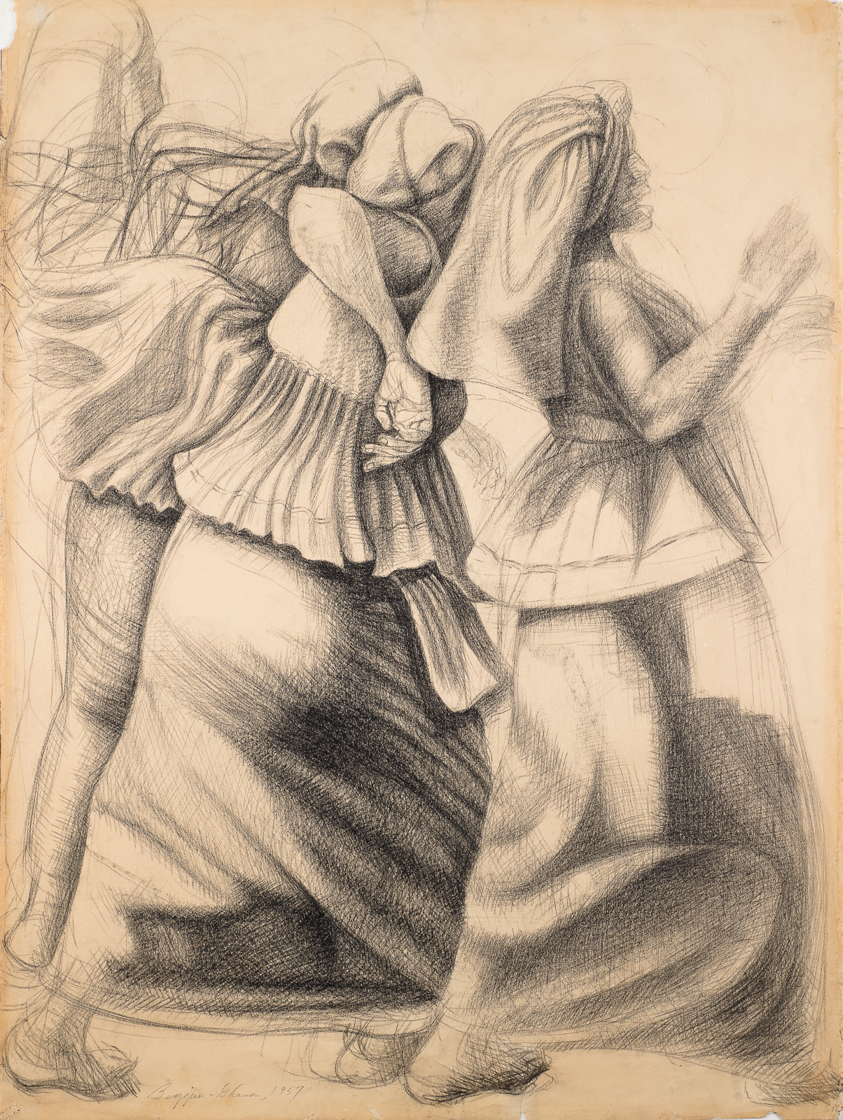 John Biggers, Dancers of the Ghana Harvest Festival, 1957, conté crayon, 39¼ x 29 5/8 inches. Palmer Museum of Art, Purchased in memory of Charles V. Hallman (Class of 1928) with funds provided by a bequest from Mabel P. Hansen, 99.44. © John T. Biggers Estate / Licensed by VAGA at Artists Rights Society (ARS), NY, Estate Represented by Michael Rosenfeld Gallery