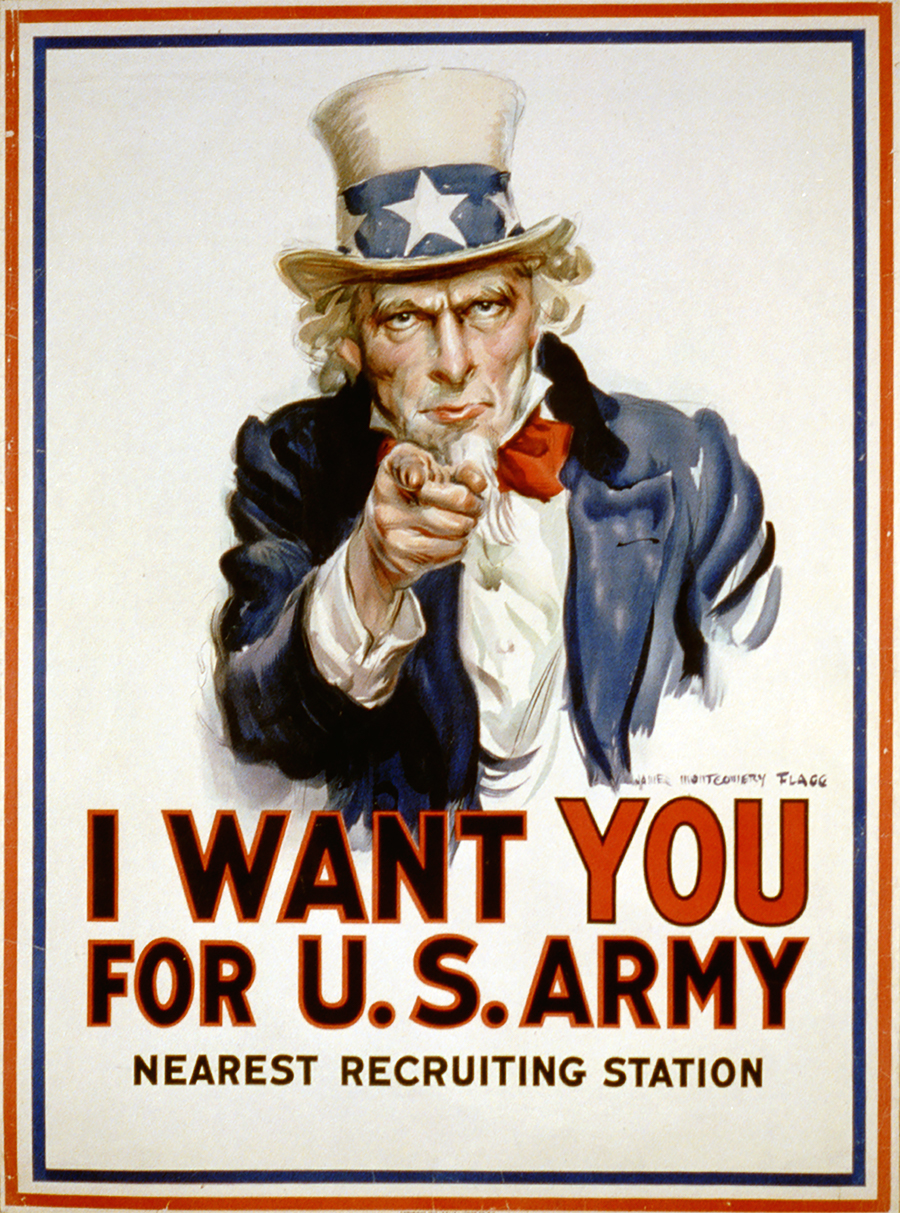 James Montgomery Flagg, I Want You, 1917, color lithograph poster, 39 3/4 x 29 9/16 inches. Palmer Museum of Art, Gift of Jack R. Bershad, 95.65