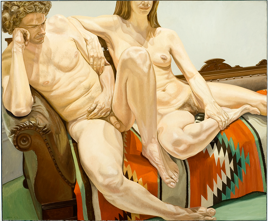 Philip Pearlstein, Male and Female Models on Victorian Sofa with Indian Blanket, 1973, oil on canvas, 60 x 72 inches. Palmer Museum of Art, Museum purchase, 74.11. © Philip Pearlstein
