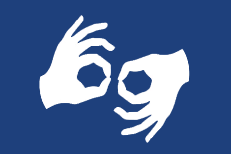 ASL interpretation icon with blue square and white hands