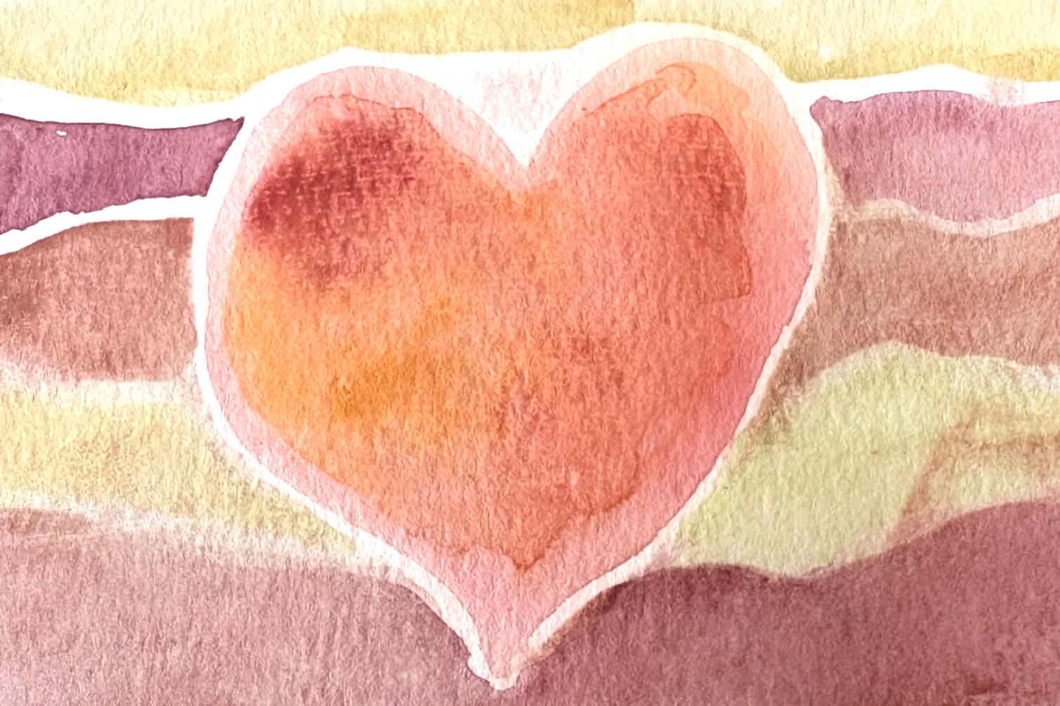 A watercolor painting of a red heart with burgundy and gold stripes behind it