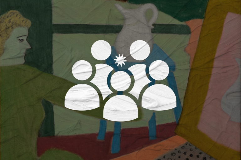 A graphic of an abstract painting featuring a person painting on a canvas. In the foreground is an icon of five people in a cluster with a start above one of them